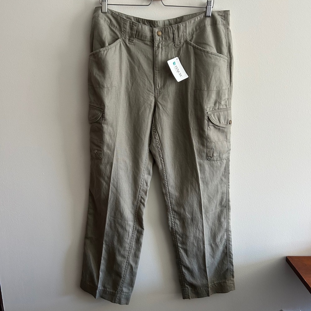 NEW L.L. Bean Cargo Pants Green 16 Favorite Fit Linen Tencel Blend Straight Leg
